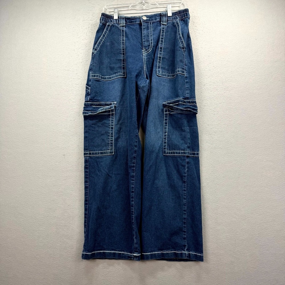 Almost Famous Cargo Jeans Womens Large 30x27* Blue Denim Pants Comfort Baggy